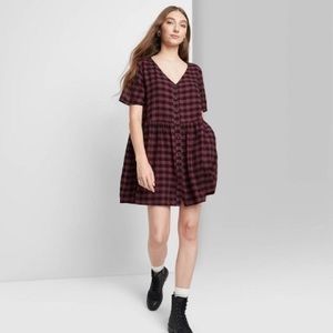 Wild Fable Short Sleeve Button-front Woven Shirtdress - wine plaid (XXL)